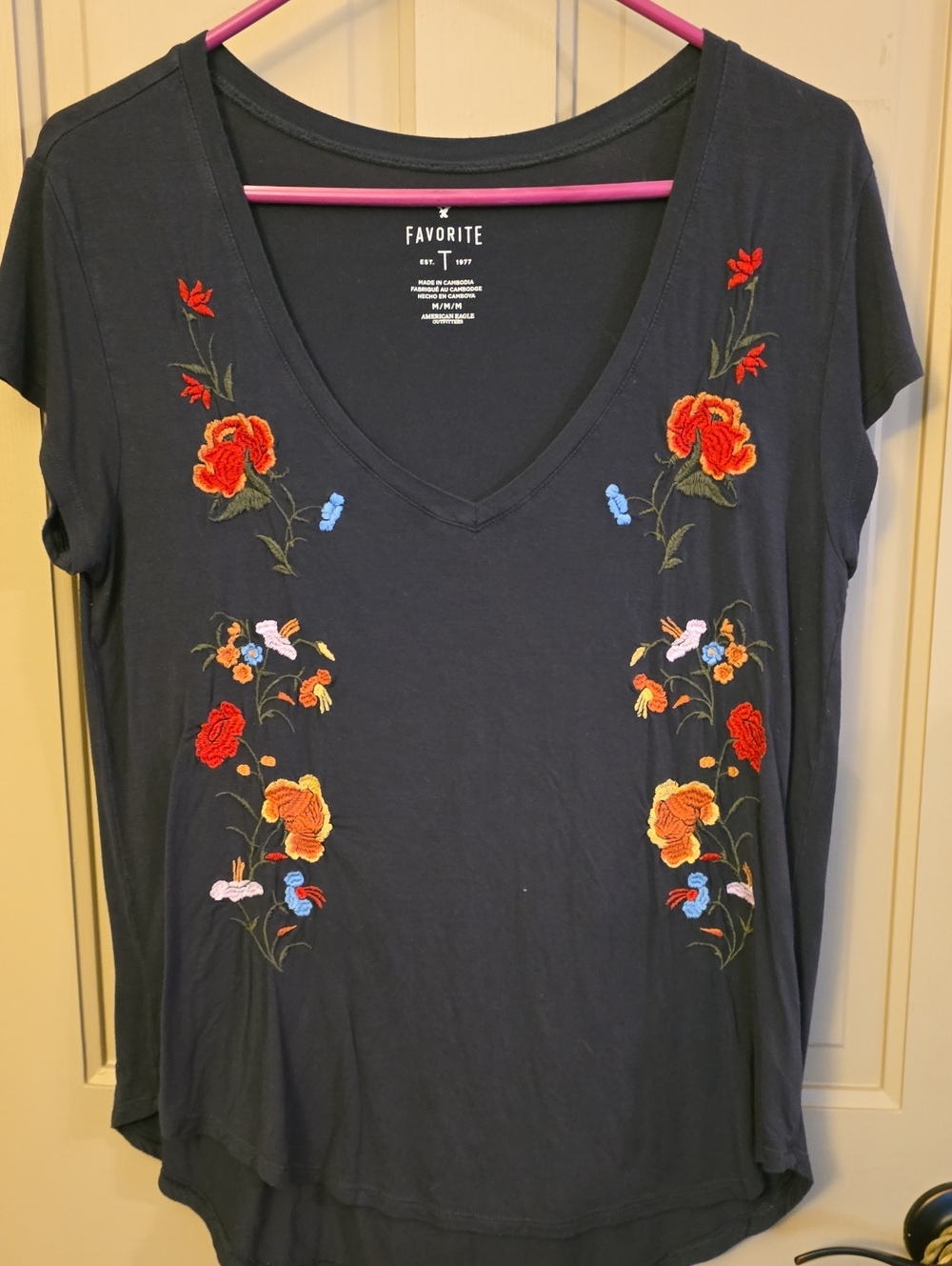 American Eagle Outfitters Navy V-Neck Tee with Red & Orange Floral Embroidery